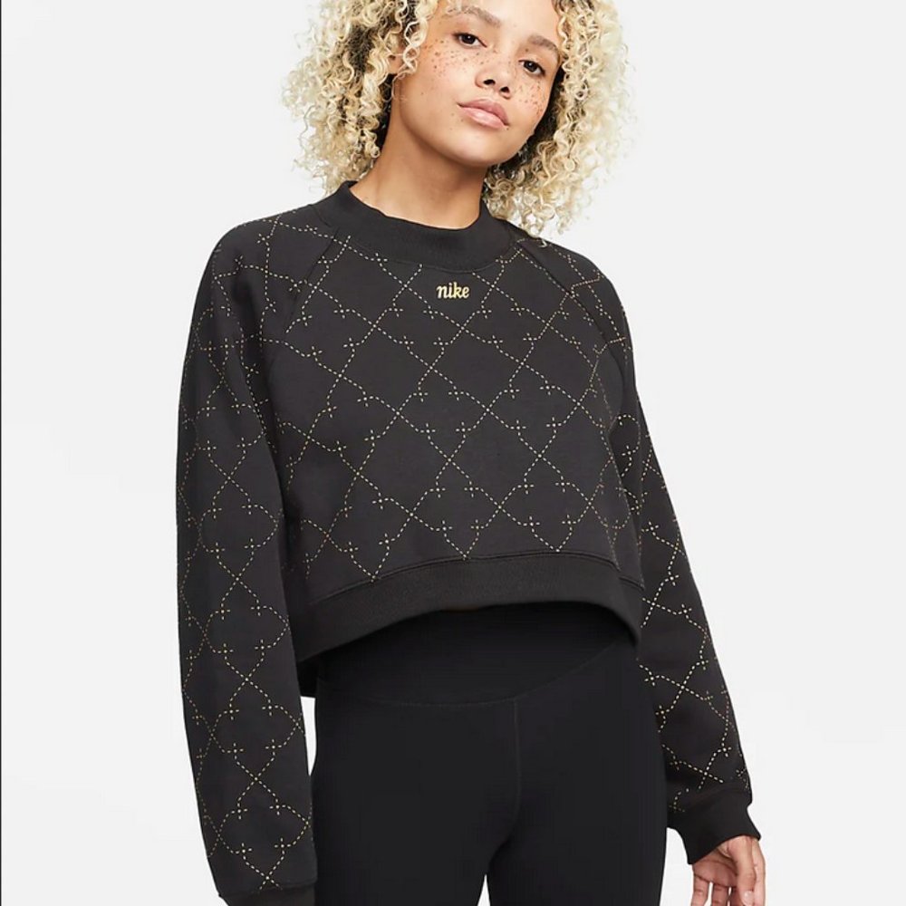 Nike Plus Cropped Novelty Fleece Crew Sweatshirt Black and Gold Size 3X NWT
